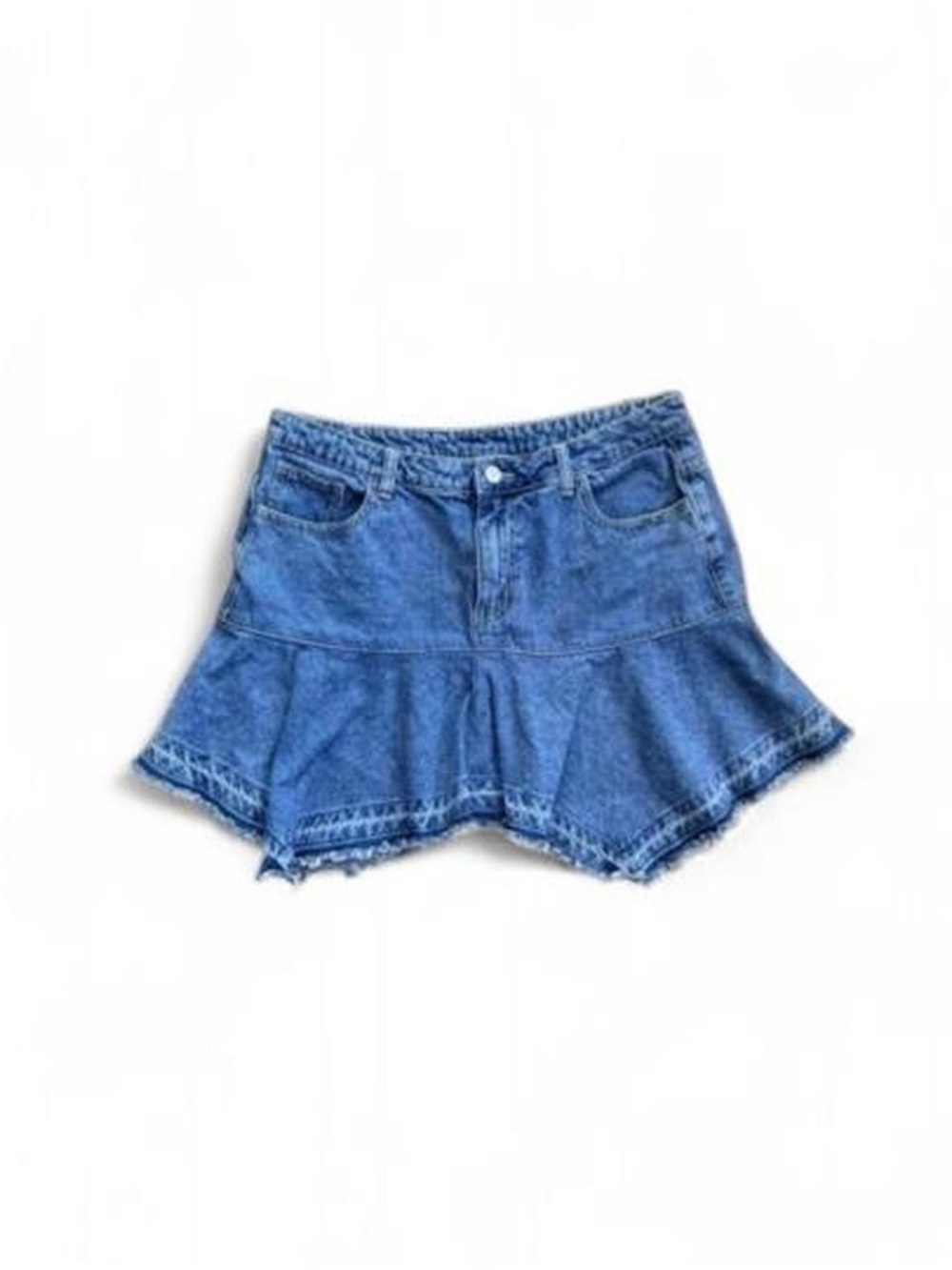 Cider Denim Ruffle Mini Skirt – Y2K Low Rise Tiered Frayed Hem (Size XL)